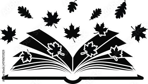 Open book with falling leaves, symbolizing autumn reading and knowledge.