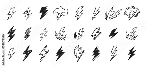 Doodle set lightning line art. Hand drawn lightning icons