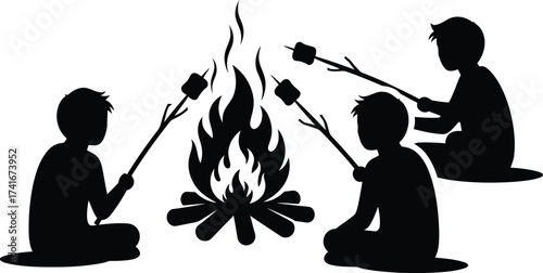 Silhouette of three people roasting marshmallows over a campfire, enjoying outdoor recreation.