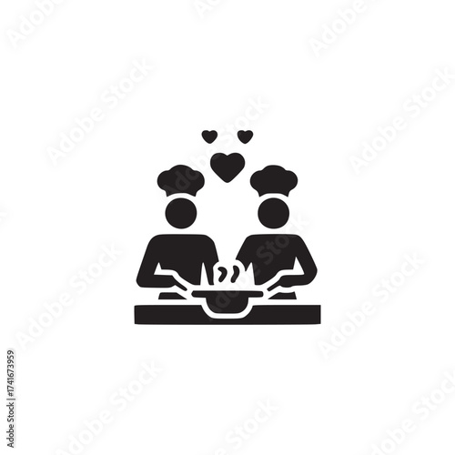 Vector art of two chefs are cooking with love culinary couple preparing food with hearts romantic cooking class, relationship, and teamwork concept