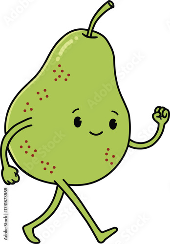 A cute cartoon green pear character walking with a happy expression and arms raised in a fun illustration