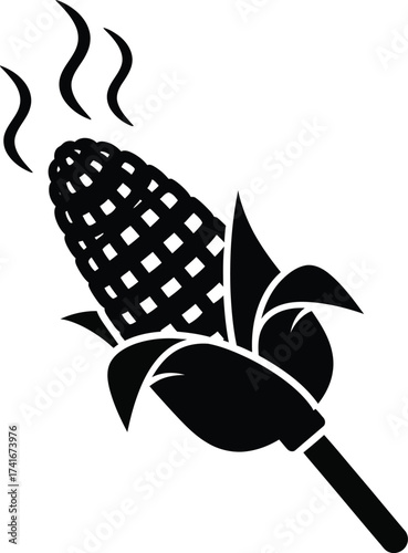 A stylized black and white illustration of a steaming ear of corn on a stick.