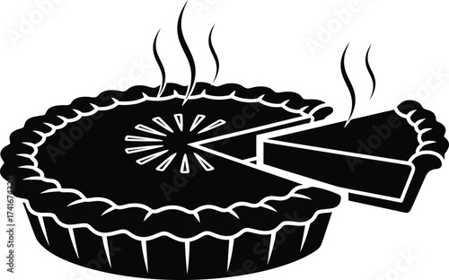 A freshly baked pie, with a slice cut out and steaming, indicating it is hot and delicious.