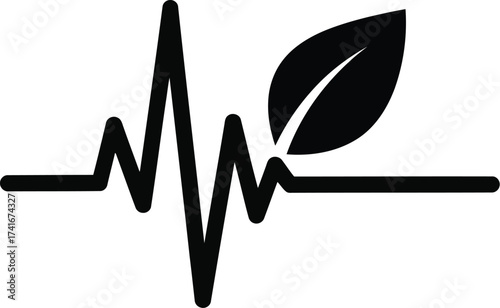 Black silhouette of a heartbeat line with a leaf symbol, representing natural health and vitality.