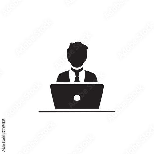 Vector art of a businessman is working on his laptop, he is sitting at a desk, and the laptop is open in front of him the scene is professional