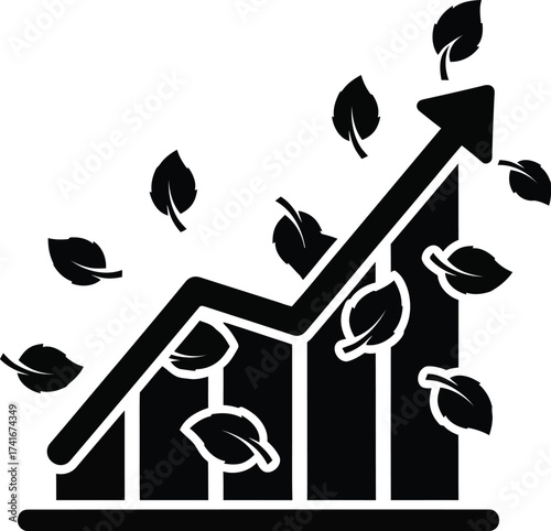 A black and white graphic depicting a rising bar chart with an upward trending arrow, surrounded by falling leaves, symbolizing growth and environmental progress.