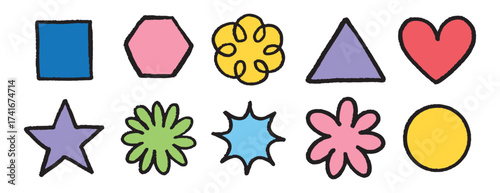 Chalk square, circle, triangle, star, flower and heart set. Crayon color kids geometric shapes. Hand drawn figures for children, poster, texture