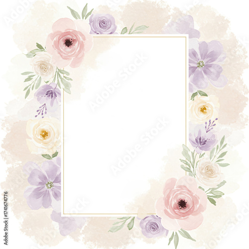 Watercolor floral frame with pastel pink and purple flowers on a subtle background. Decorative border for wedding invitation or greeting card.