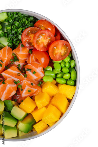 Poke bowl with salmon, avocado, mango and vegetables

Japanese sushi bowl with salmon cubes and fresh ingredients

Colorful poke bowl with salmon and vegetables
