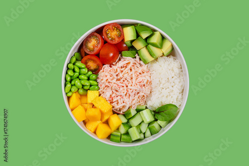 Poke bowl with crab, avocado, mango and rice

Japanese sushi bowl with crab, vegetables and rice

Colorful poke bowl with imitation crab and fresh ingredients