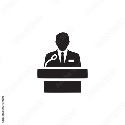 Vector art of a speaker stands behind a podium, delivering a speech or presentation, he is wearing a suit and tie, and there is a microphone