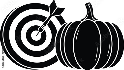A black and white illustration of a dart hitting the bullseye of a dartboard next to a pumpkin.