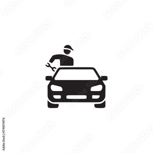 Vector art of a mechanic working on a car, he is holding a wrench and appears to be repairing the engine or other part of the vehicle