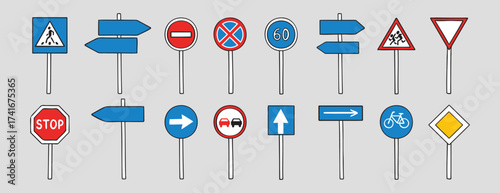 Road signs with up, down, left, right doodle hand drawn icon set. Outline drawing road signs line clipart symbol collection