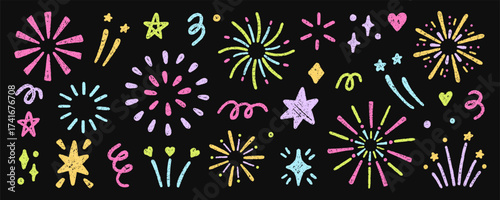 Chalk pencil fireworks, sparkling stars doodle set. Kids crayon color firecracker, confetti, sunburst, explosion in sketch style. Grunge texture. Hand drawn illustration isolated on black background
