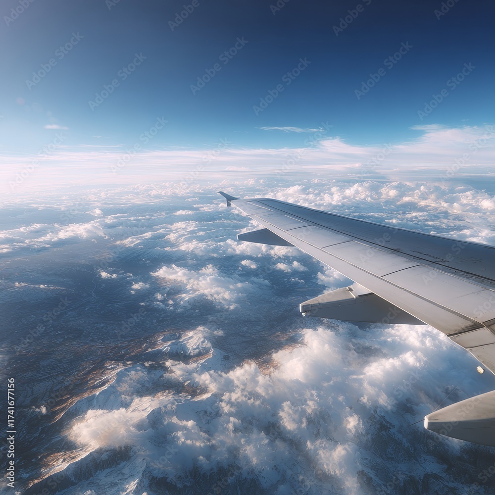 Obraz premium View from airplane window showing wing over clouds and blue sky during daytime flight