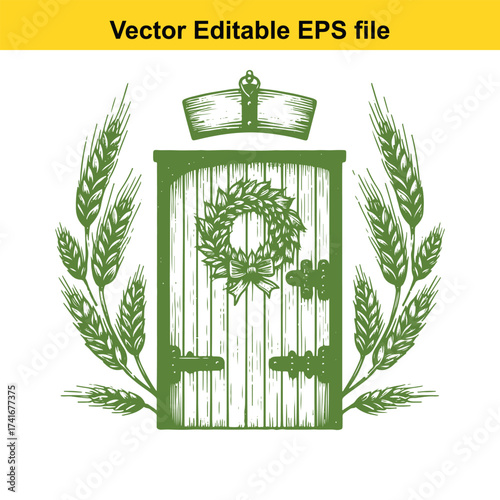 Vector art of green taproom door with wheat ears and wreath