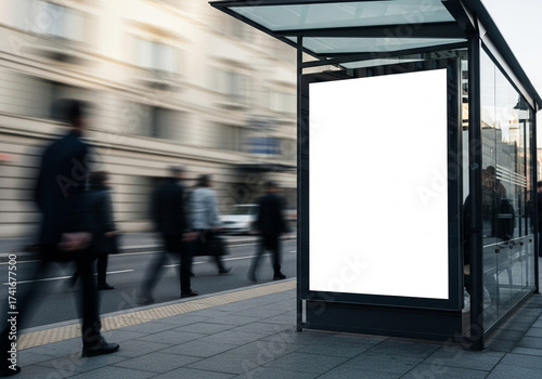 Mockup of a vertical blank billboard advertisement at a busy city bus stop shelter, with blurred commuters and traffic moving rapidly in the background, perfect for OOH advertising concepts. (186 char