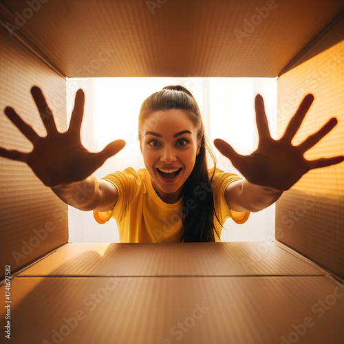 Wallpaper Mural A young adult female excitedly peeks into an open cardboard box with outstretched hands and a surprised expression. Generative AI. Torontodigital.ca