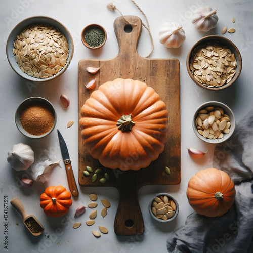 Wallpaper Mural A large pumpkin sits on a wooden cutting board surrounded by bowls of pumpkin seeds, garlic, and spices, with a knife and smaller pumpkins nearby. Generative AI Torontodigital.ca