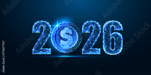 2026 vector illustration with low poly glowing dollar coin symbolizing finance and economic outlook