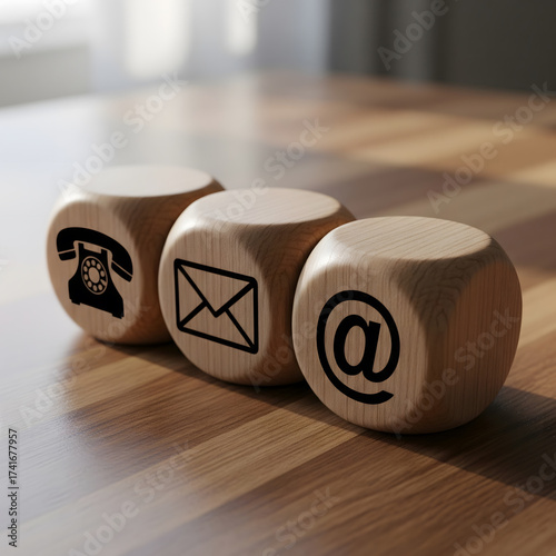 Wallpaper Mural Three wooden dice or cubes display the phone, email, and at symbols, resting on a wood grain table Generative AI. Torontodigital.ca