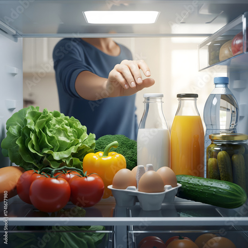 Wallpaper Mural A view from inside a refrigerator shows it stocked with fresh produce and bottles, as a woman or female hand reaches in for an item Generative AI. Torontodigital.ca