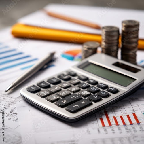 Financial planning and analysis with calculator coins and charts for business growth and investment strategy