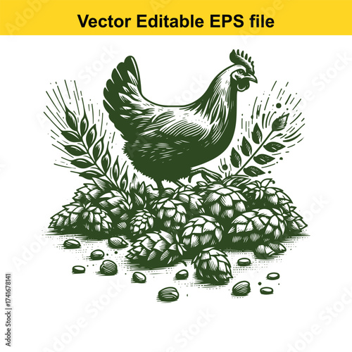 Vector art of green hen on hops with wheat stalks