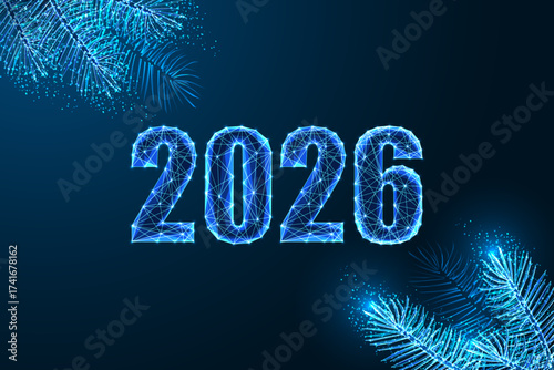 Futuristic glowing 2026 with Christmas tree branches, digital New Year holiday vector illustration