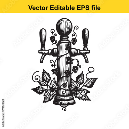 Vector art of ornate beer tap with hop vines