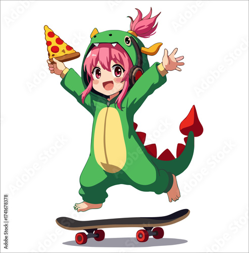 Vector fashion design for children t-shirt. Anime girl with pink hair on skateboard in green dragon kigurumi jumpsuit with slice of pizza on transparent background. Cartoon print for fabric, clothing.