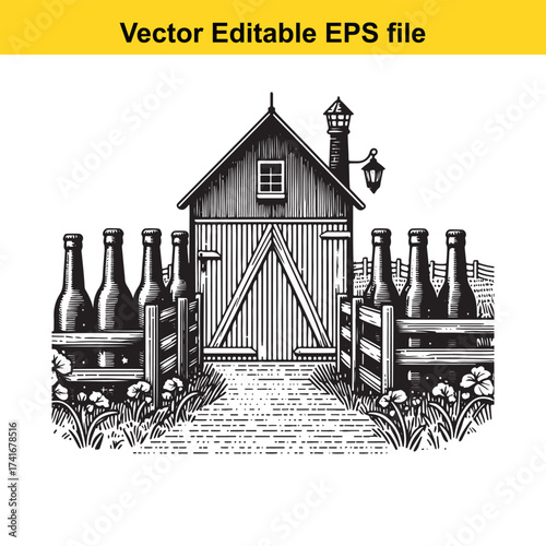 Vector art of rustic barn with fence and beer bottles, garden flowers