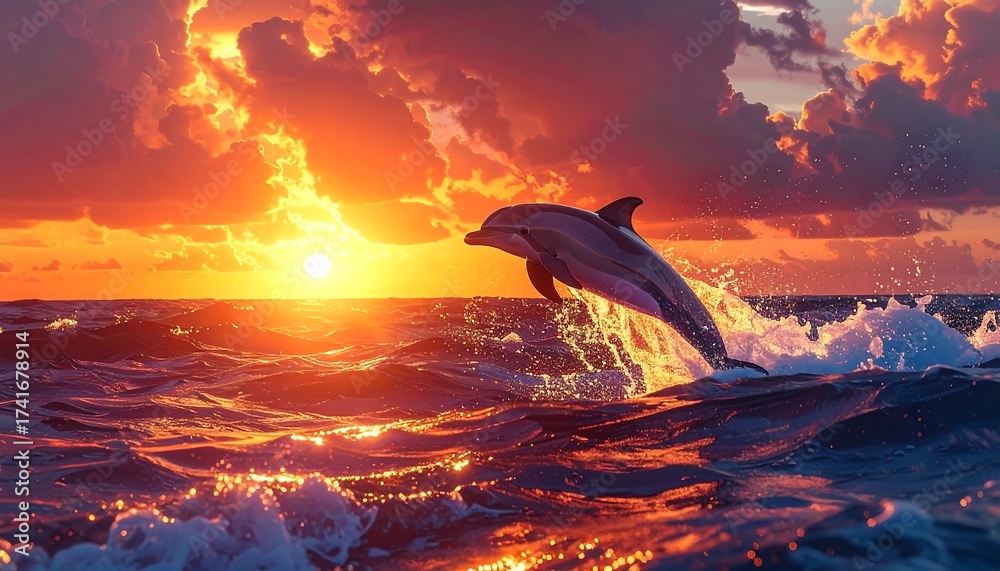 Fototapeta premium Dolphin leaps at fiery sunset over ocean waves