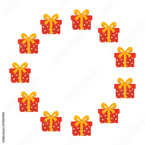 Round frame with gift boxes. Festive design. Isolated background. Flat style vector illustration
