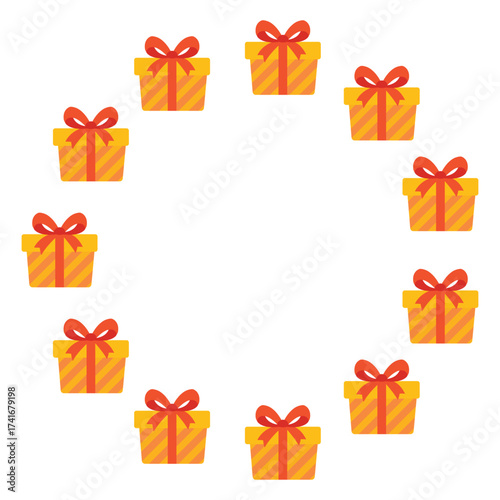 Round frame with gift boxes. Festive design. Isolated background. Flat style vector illustration