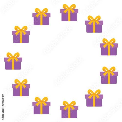 Round frame with gift boxes. Festive design. Isolated background. Flat style vector illustration