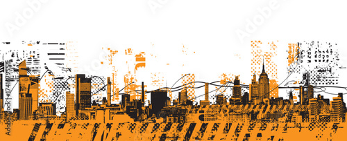 Abstract vector banner with space for text on theme urbanism. Grunge street art on the background of geometric architecture, silhouettes of skyscrapers of the big city. T-shirt design. No ai 