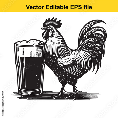 Vector art of rooster next to a tall glass of dark beer