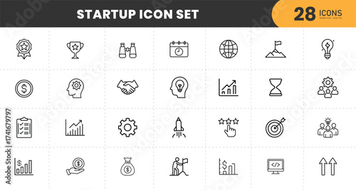  Startup Icon Set – 28 Thin Line Business and Entrepreneurship Icons Including Innovation, Growth, Rocket Launch, Goal, Money, Teamwork, and Success Symbols with transparent Background.