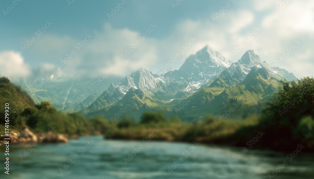 Obraz premium Scenic Mountain Range And Majestic River: An Awe-Inspiring Landscape Of Towering Peaks And Flowing Waters That Captivates The Senses.
