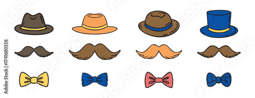 Set of mens hat mustache and bow tie variations, hand drawn doodle