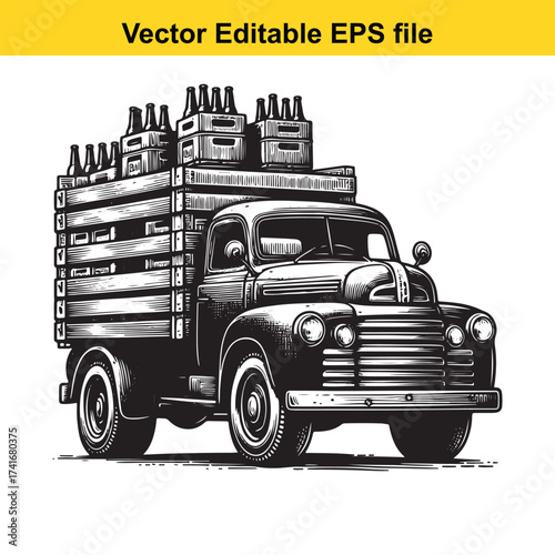 Vector art of vintage truck loaded with beer bottles and wooden crates