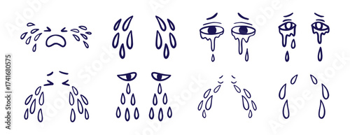tears drop, eyes and tears doodle hand drawn icon set. Outline drawing line clipart symbol collection