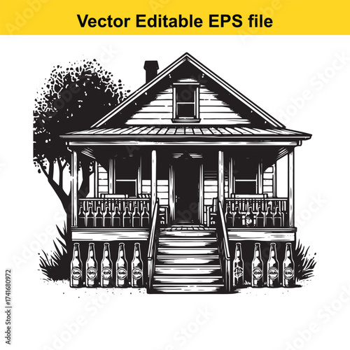 Vector art of vintage house with bottles on porch and tree