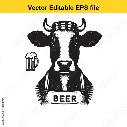 Illustration of a cow wearing a beer hat and apron with a beer mug