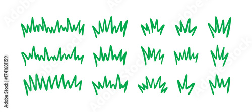 Grass silhouette Hand drawn doodle set. Lawn bush of green line grass in sketch drawing style. 