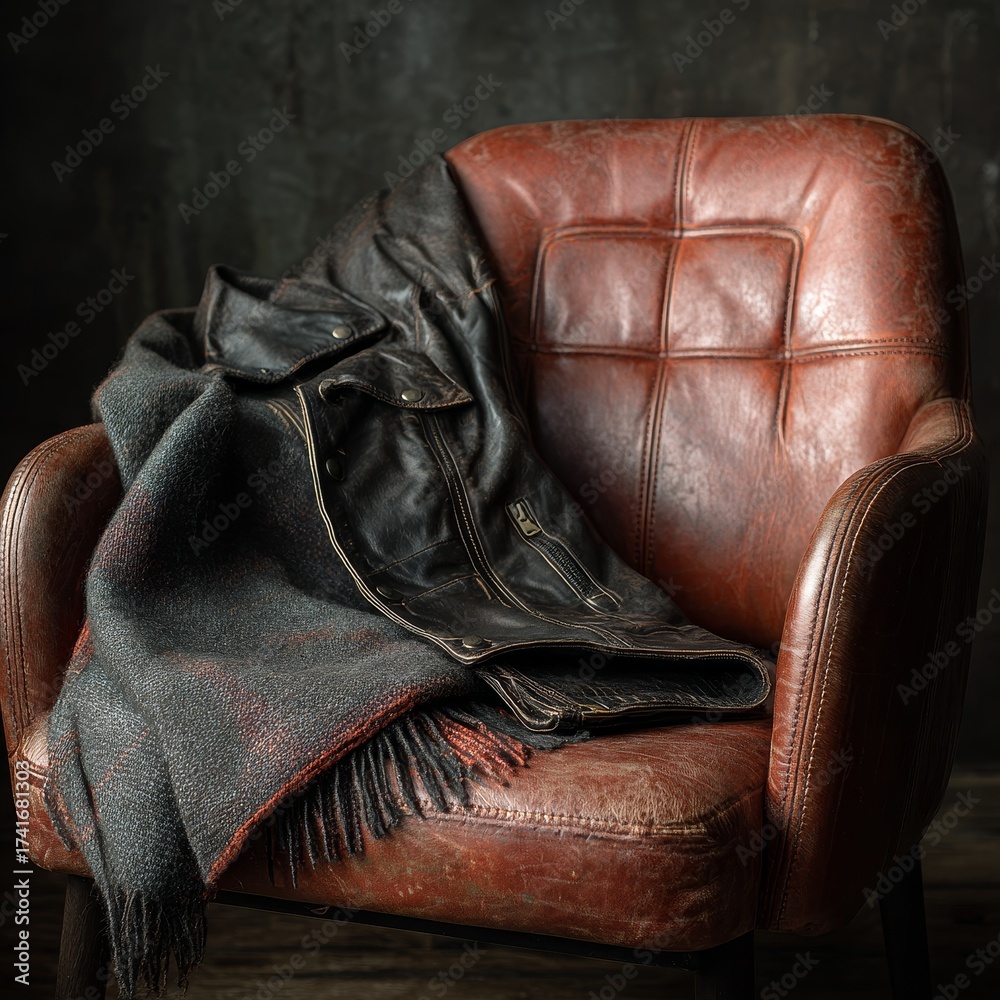 Obraz premium Cozy brown leather armchair with a dark textured blanket draped over the armrest and seat