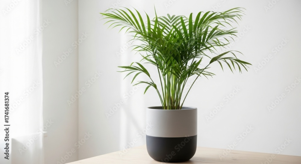 Fototapeta premium Areca Palm houseplant in a modern pot on a wooden table.