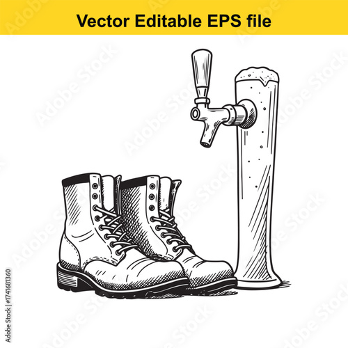 Vector art of pair of work boots next to a beer tap with foam